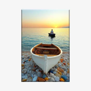 لوحة بحر - قارب أبيض - ألوان دافئة - هادئ - لوحات طبيعة - لوحات كانفاس