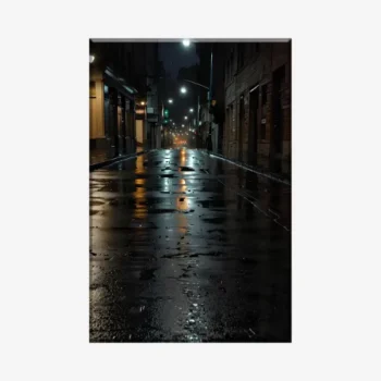 لوحة منظر ليلي - شارع مبلل - أضواء خافتة - هادئ - لوحات فنية مودرن - لوحات كانفاس