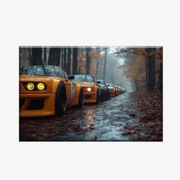 لوحة سيارات - صف سيارات صفراء - غابة خريفية - ضبابي - لوحات فنية مودرن - لوحات كانفاس